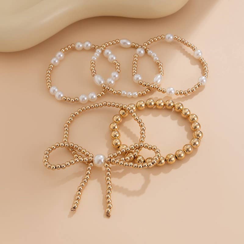 Multi Layer Ball Bead Pearl With Bow Bracelet 5/pc Set