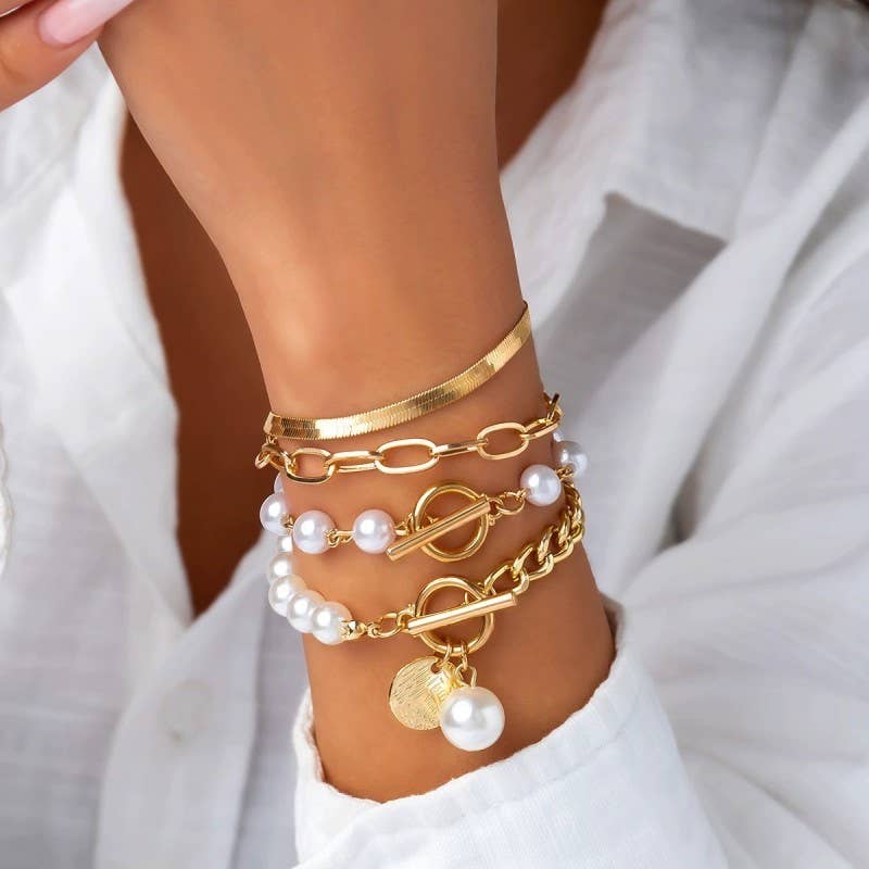 Multilayer Pearl Chain Mix Bracelet 4in1 Set