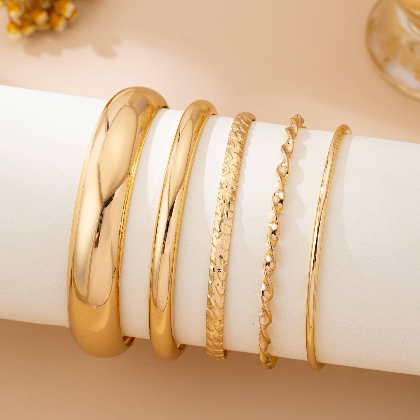 Gold Textured Bangle Stack 5pc Set