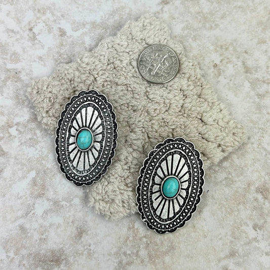 Large Silver Oval Concho Stud Earrings with Faux Turquoise Stone