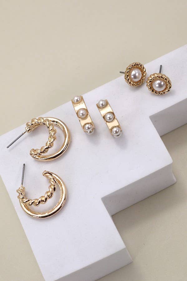 Gold Pearl Hoop Stud Trio Earring Set