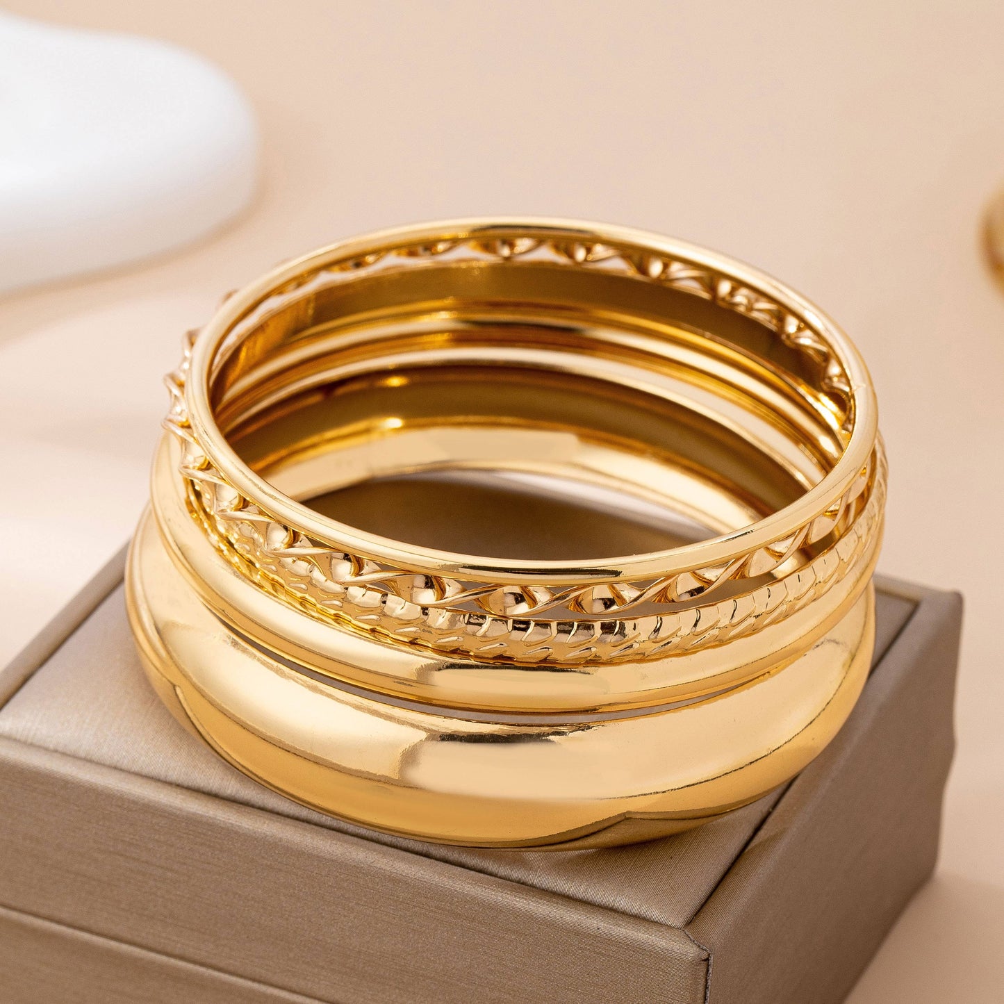 Gold Textured Bangle Stack 5pc Set
